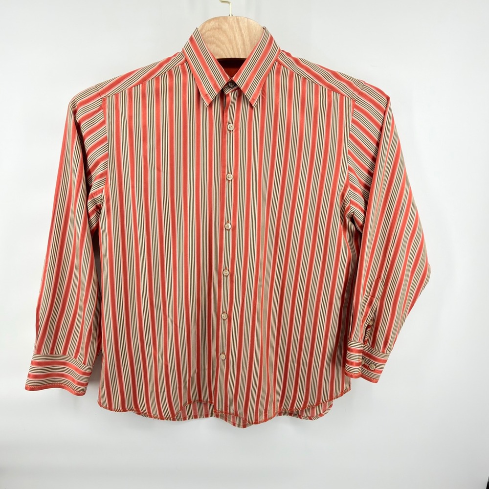 Tommy Bahama Button Front Mens L Orange Tan Brown Striped 100% Silk Coastal